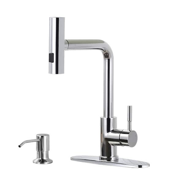 3-Mode Single Handle Waterfall Pull Down Sprayer Kitchen Faucet with soap dispenser in Stainless Steel Polished Chrome
