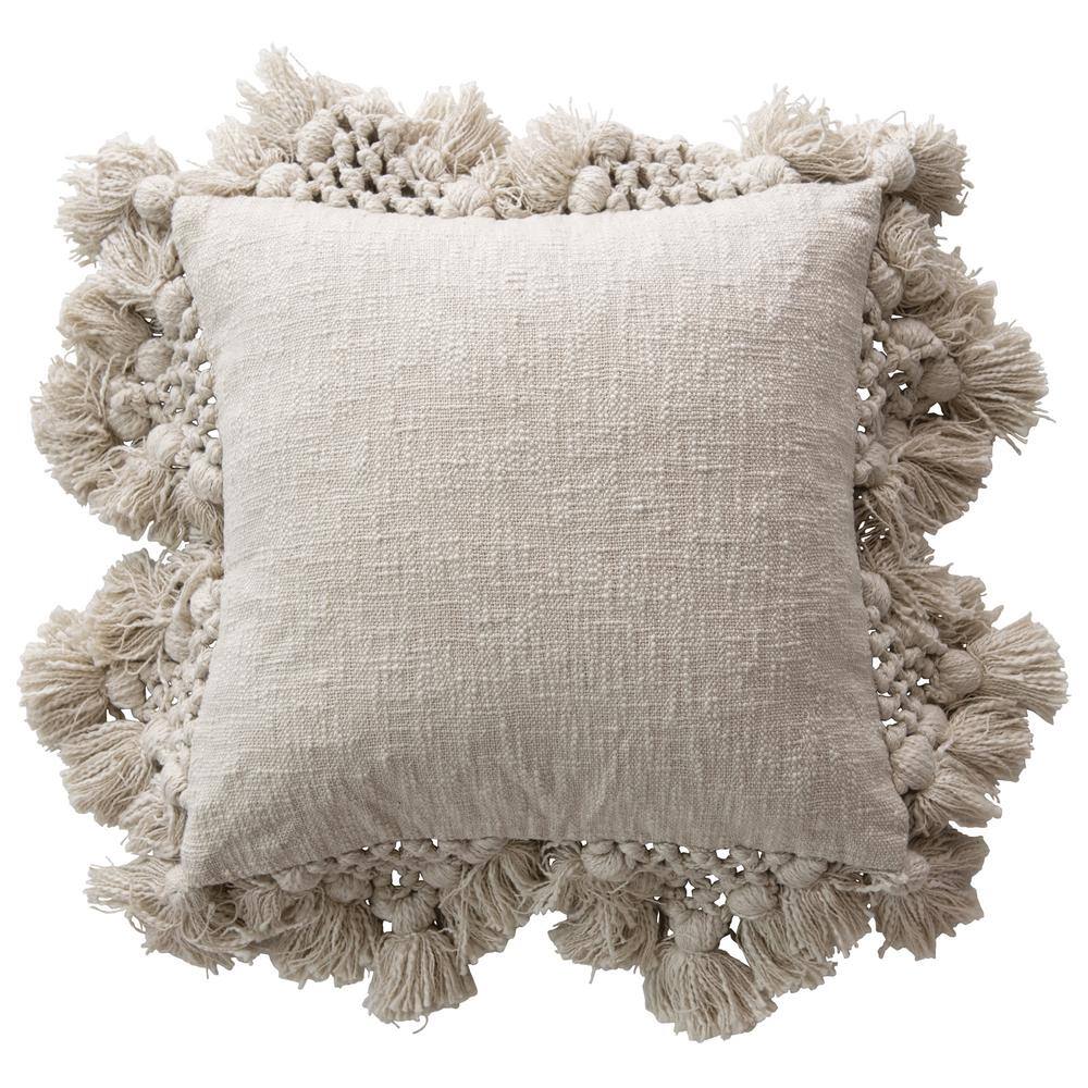 Modern Space-Themed Crochet & Tassel 18" Square Cotton Pillow - Cream