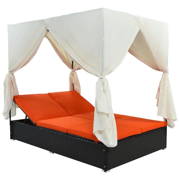 Sudzendf Patio Rattan Wicker Sunbed Outdoor Day Bed with Orange Cushions, Adjustable Seats with White Canopy