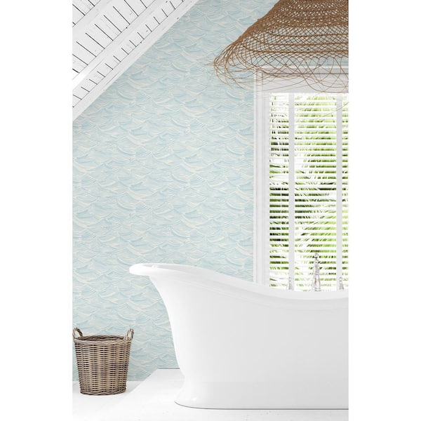 56 Sq. Ft. Blue Oasis Seaside Waves Pre-Pasted Paper Wallpaper Roll