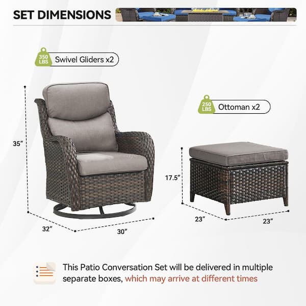 LunaCurve Brown Swivel Glider Wicker Patio Conversation Set with Gray Olefin 5 in. Thick Cushions/Ottoman (4-Piece)