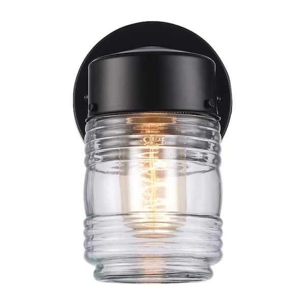 Matte Black Outdoor Jelly Jar Wall Lantern Sconce – 1 Light Dimmable Glass Fixture