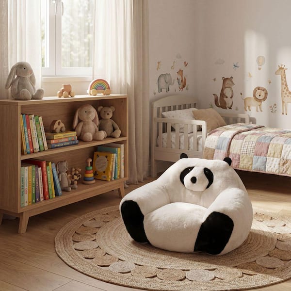White Faux Fur Panda-Shaped Bean Bag Chair for Bedroom, Living room, and Playroom