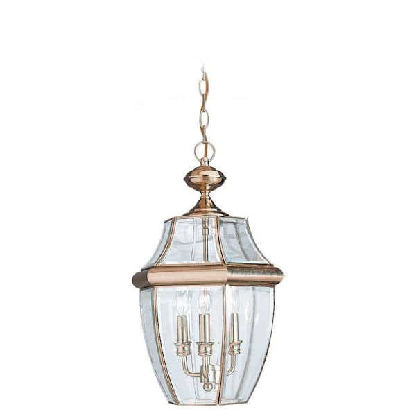 Sea Gull Lighting Lancaster 3 Light Polished Brass Outdoor Hanging Pendant 6039 02 The Home Depot 