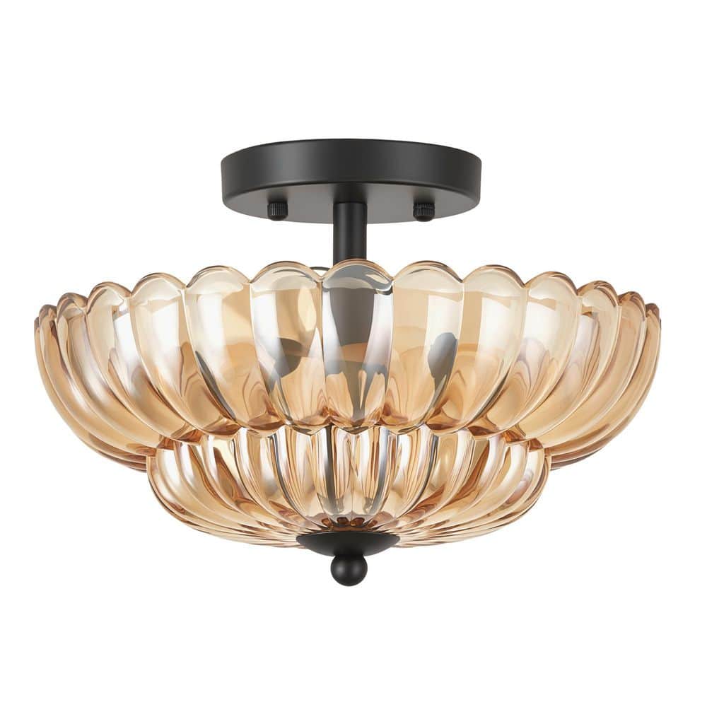 11.8 in. Modern Bowl Matte Black and Amber Glass Semi-Flush Mount Ceiling Light for Foyer with Floral Shade price history on PriceWatchPro