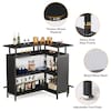 Black L-shaped home bar unit with callouts highlighting the wood material, steel frame, metal mesh, and adjustable foot pads.