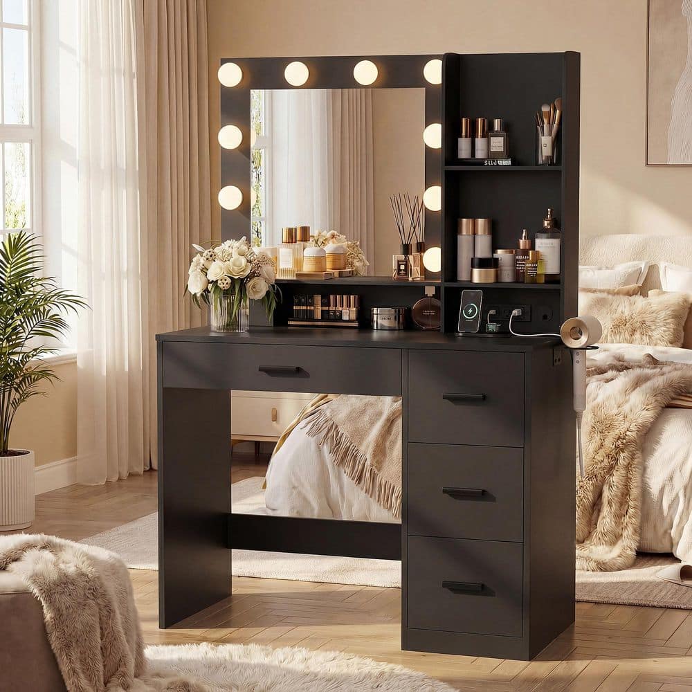 39 in. LED Lighted Makeup Vanity Desk with Charging Station, 4-Drawers Dressing Table with Open Shelves, Black price history on PriceWatchPro