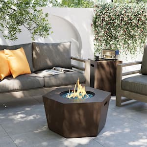 28 in. 40,000 BTU Dark Brown Hexagon Concrete Outdoor Propane Gas Fire Pit Table with Propane Tank Cover