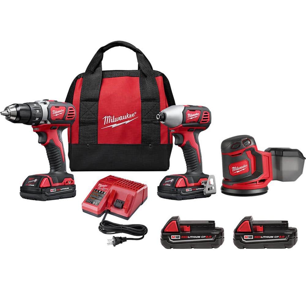 Milwaukee M18 18V Lithium-Ion Cordless Drill Driver/Impact Driver Combo Kit (2-Tool) with Orbit Sander & (2) 2.0 Ah Batteries -  2691-22-sander