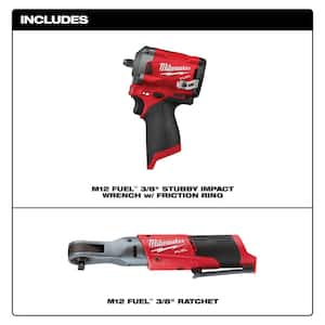 M12 FUEL 12V Lithium-Ion Brushless Cordless Stubby 3/8 in. Impact Wrench and Ratchet Kit (Tool-Only Kit)