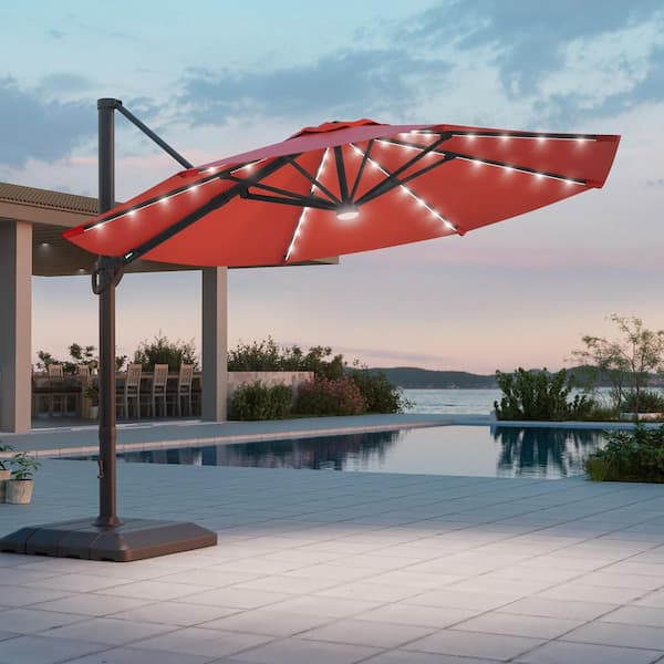 11 ft. Aluminum Cantilever Patio Umbrella with a Base, Outdoor Offset Hanging Rotation with Solar LED Lights in Rust Red