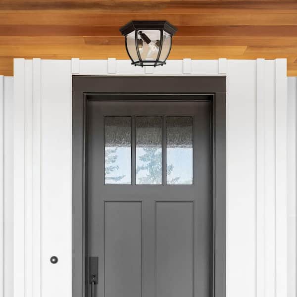 Angelus 11 in. 3-Light Black Outdoor Flush Mount Ceiling Light Fixture with Clear Glass