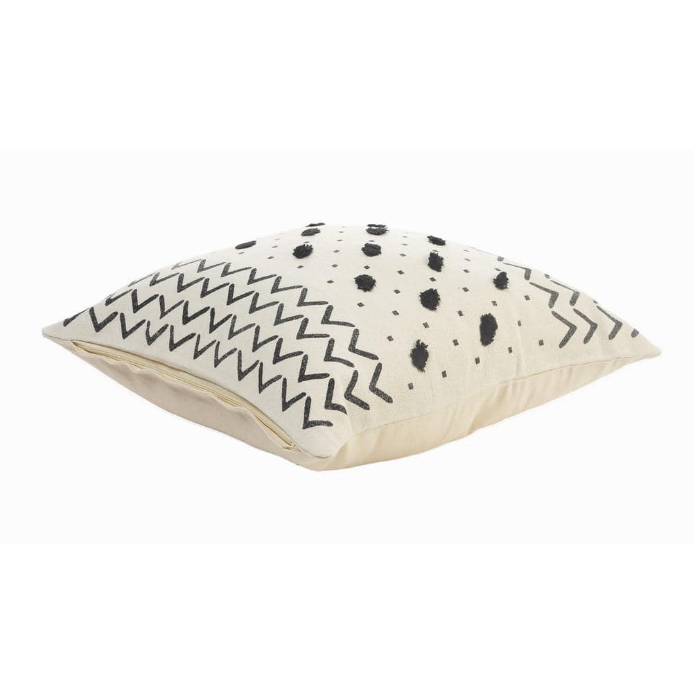20" Square Black and Cream Tufted Grid Cotton Throw Pillow