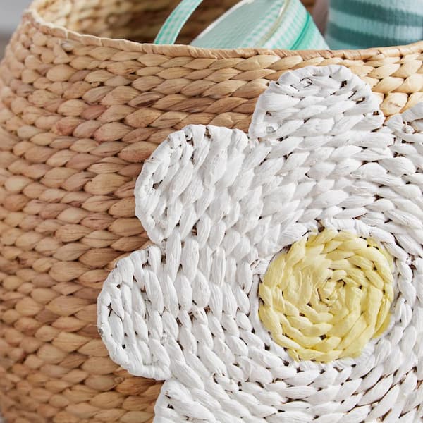 Storage Basket With Pompoms for Nursery, Cute Organizer, Decorative Holder  for Child's Room, Children's Storage, Beige 