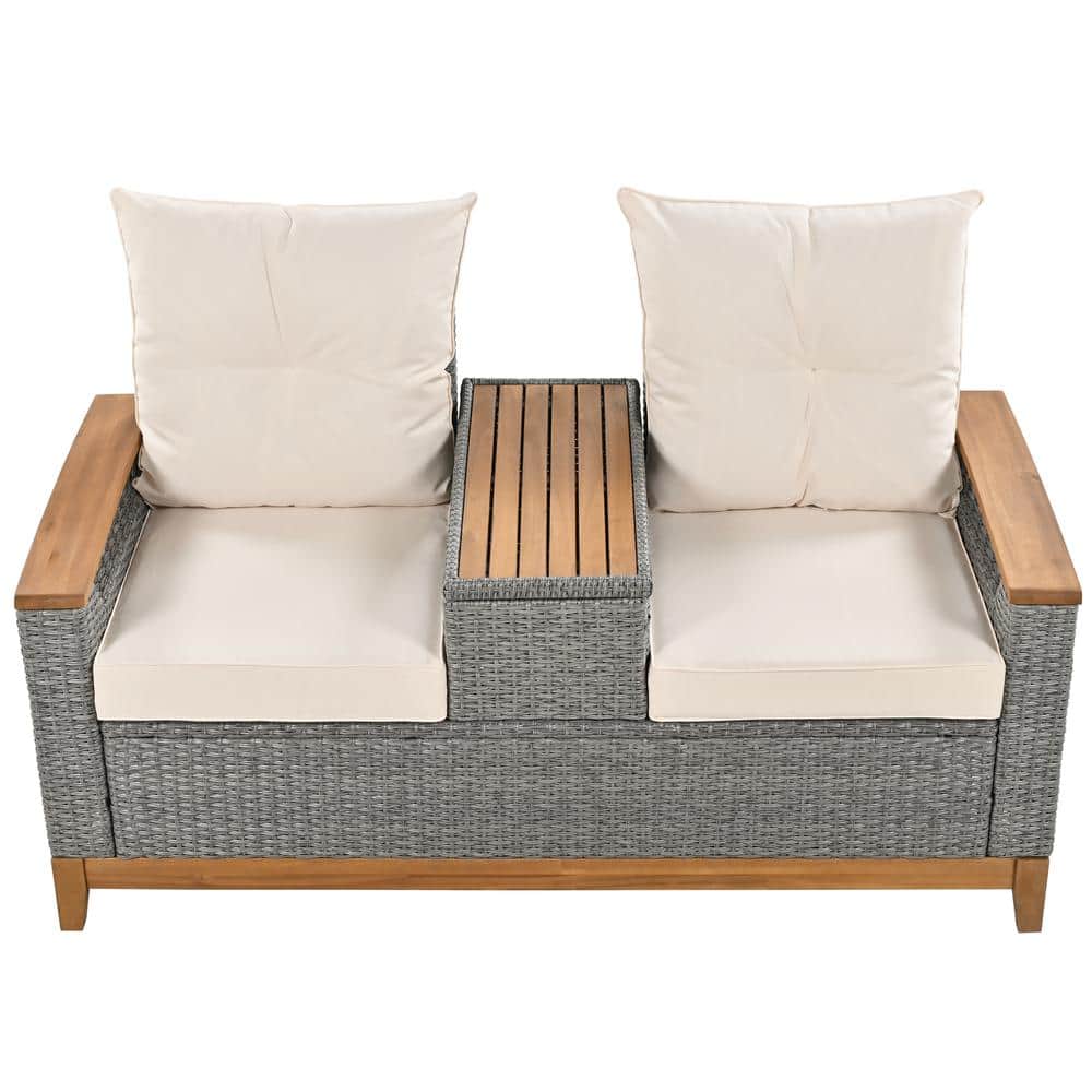 Adjustable Backrest Gray Wicker Outdoor Loveseat with Storage Space and