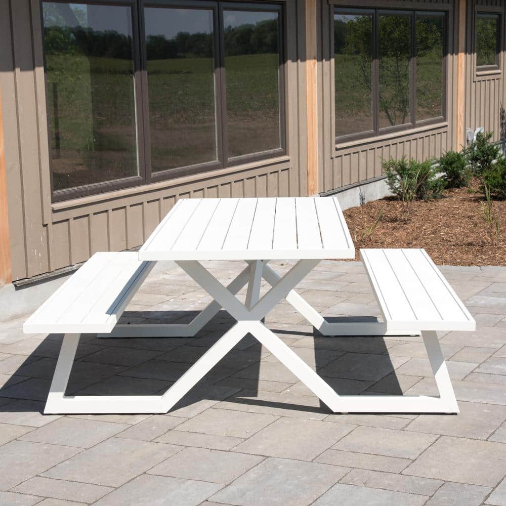 White Aluminum Modern 8-Seat Picnic Table with Attached Benches