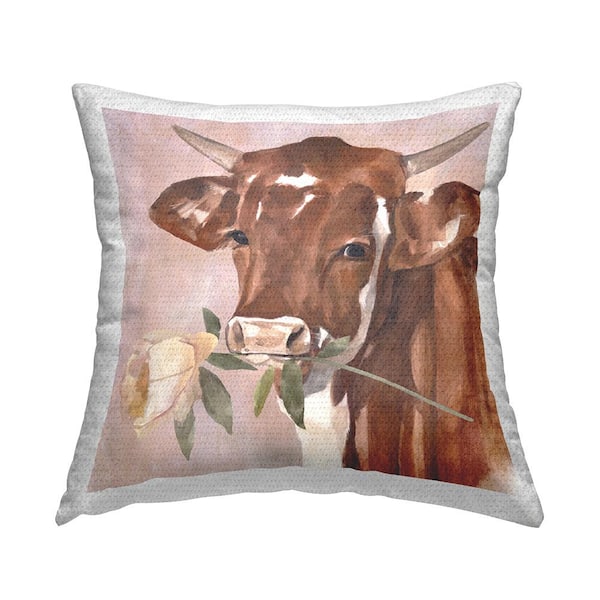 Stupell Industries Romantic Bull Cattle White Rose over Pink Brown Square Outdoor Throw Pillow
