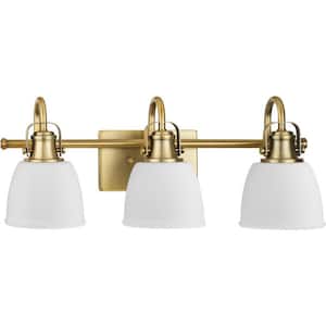 Preston 22 in. 3-Light Vintage Brass Vanity Light with Etched Opal Glass Shades