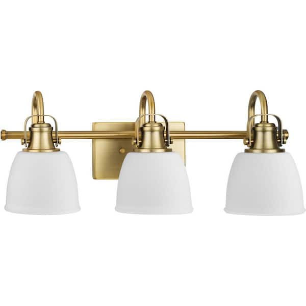 Progress Lighting Preston 22 in. 3-Light Vintage Brass Vanity Light with Etched Opal Glass Shades