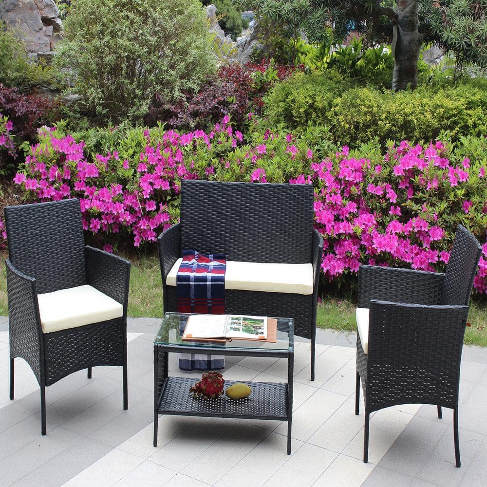 JimsMaison 4-Piece Wicker Patio Conversation Set with Beige Cushions ...