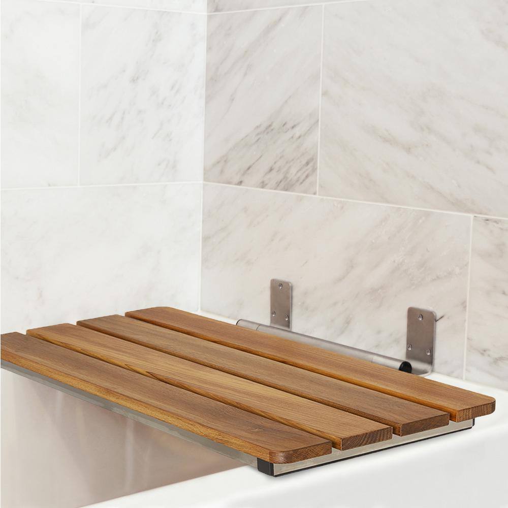 Natural Teak Wood Wall-Mount Folding Shower Seat with Stainless Steel Frame