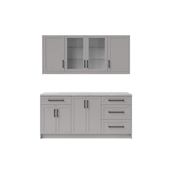 NewAge Products Gray Home Bar Cabinet Set with Contemporary Matte Black Handles (7-Pieces)