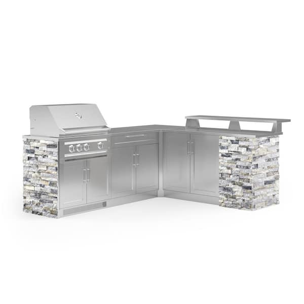 NewAge Products Signature Series Stainless Steel 8-Piece L Shape Outdoor Kitchen Cabinet Set with Liquid Propane Platinum 33 in. Grill