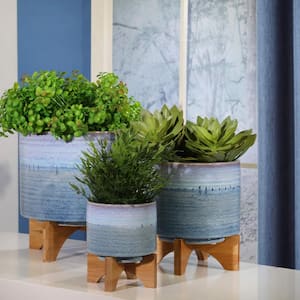 8 in. Blue Fade Ceramic Plant Pot on Wood Stand Mid-Century Planter