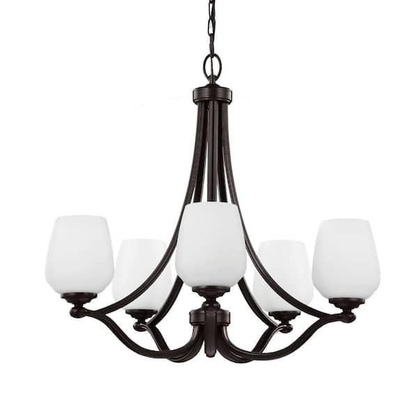 Generation Lighting Vintner 5-Light Heritage Bronze Transitional Empire Multi-Tier Hanging Chandelier with Etched Glass Shades