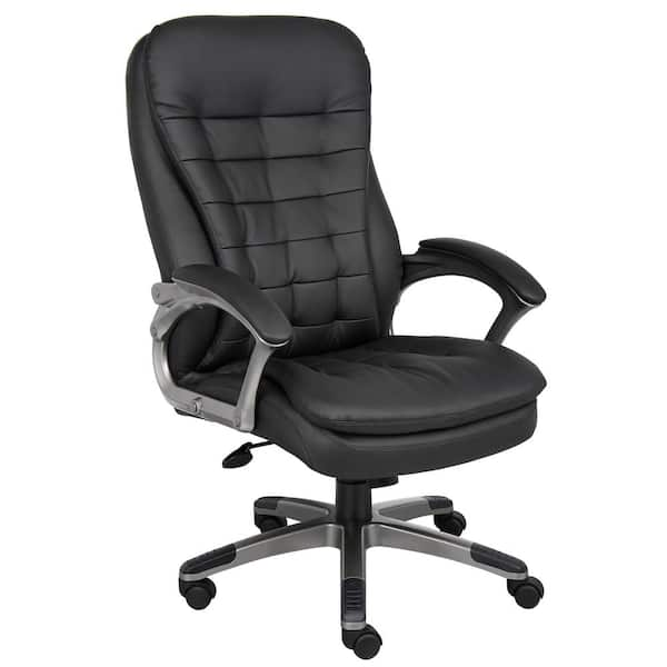 BOSS Office Products Black Leather High Back Executive Chair, Pewter Finish, Padded Arms