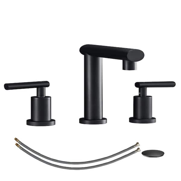 Lukvuzo 8 in. Widespread Double Handle Mid Arc Bathroom Faucet with Pop Up Drain Assembly and Supply Hose in Matte Black