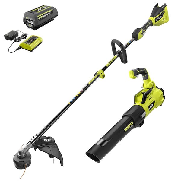 RYOBI 40V Brushless Cordless Battery String Trimmer and Jet Fan Blower Combo Kit (2-Tools) with 4.0 Ah Battery and Charger