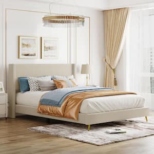Beige Wood Frame Queen Size Corduroy Upholstered Platform Bed with Metal Legs, Platform Bed With Headboard and Footboard
