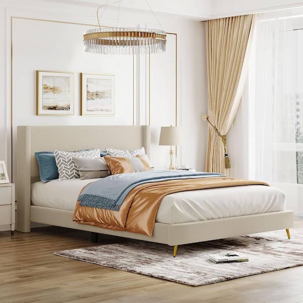 URTR Beige Wood Frame Queen Size Corduroy Upholstered Platform Bed with Metal Legs, Platform Bed With Headboard and Footboard