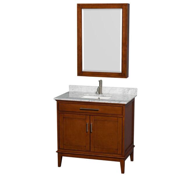 Wyndham Collection Hatton 36 in. Vanity in Light Chestnut with Marble Vanity Top in Carrara White, Square Sink and Medicine Cabinet