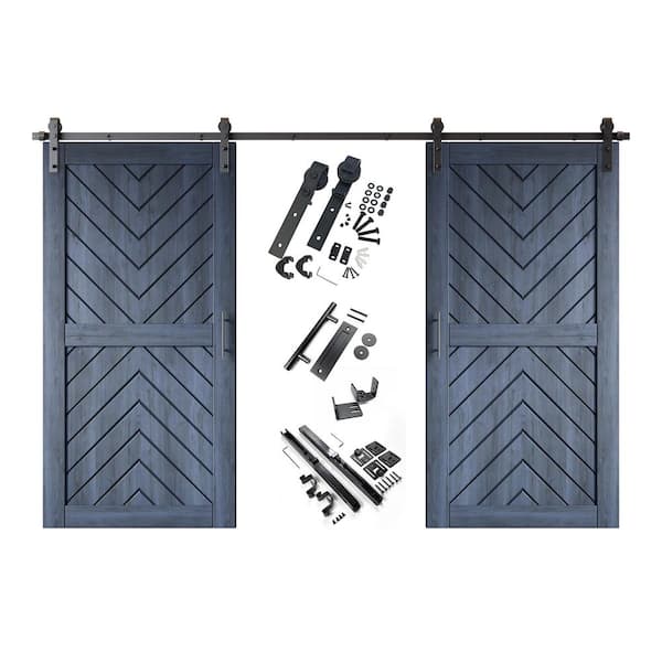 JT4 32 in. x 80 in. C-Panel Navy Fishbone Design Double Pine Wood Sliding Barn Door with Hardware Kit