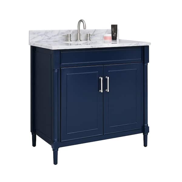 Bristol 31 in. Single Sink Navy Blue Bath Vanity with Carrara White Marble Top