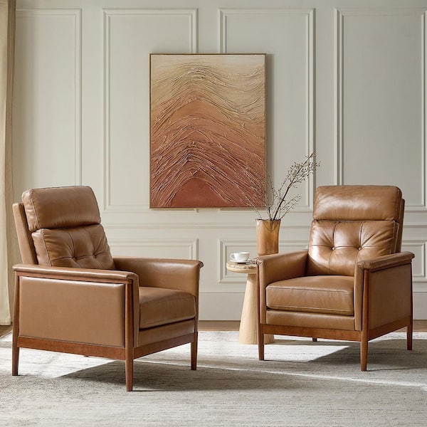 Ramonda Camel Genuine Leather Armchair with Solid Wood Armrests Set of 2