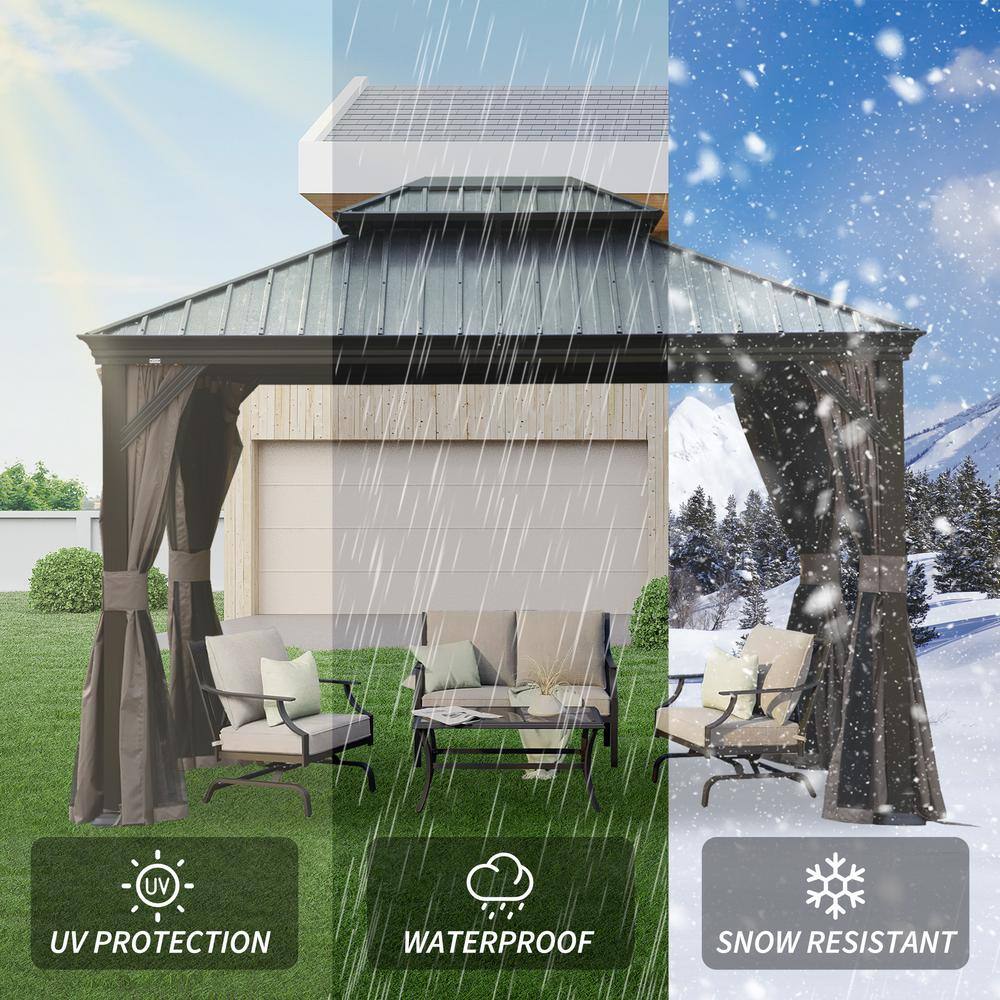10' x 12' Brown Galvanized Steel Hardtop Gazebo with Curtains and Netting