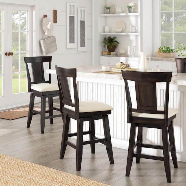 24 in. H Antique Black Panel Back Swivel Chair with Beige Linen Seat