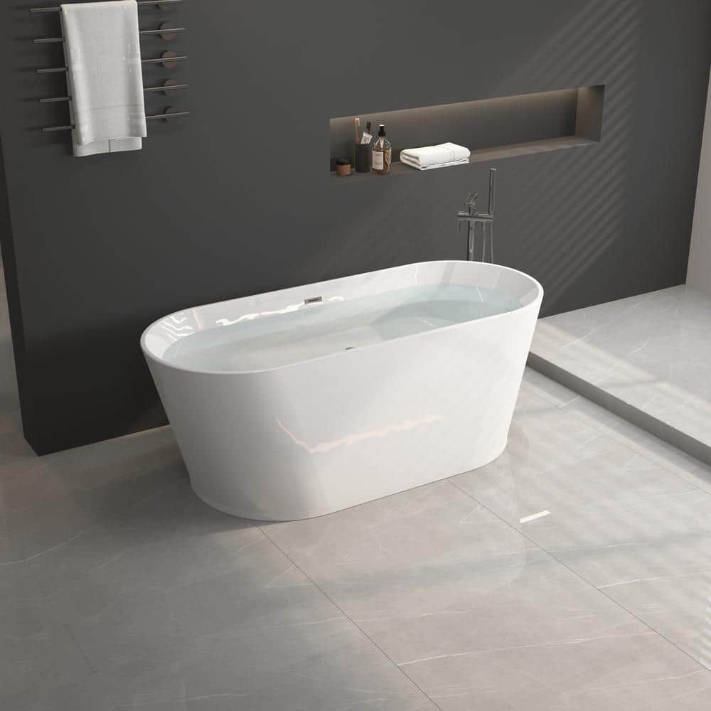 67'' Glossy White Acrylic Freestanding Oval Bathtub with Center Drain