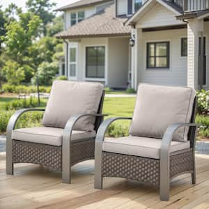 Porch Brown Wicker Outdoor Lounge Chair with Beige Cushions and Curved Metal Armrest (2-Pack)