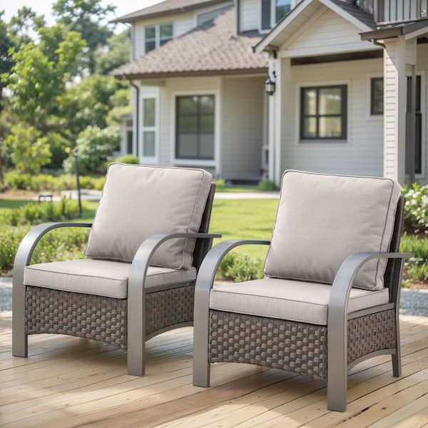 Porch Brown Wicker Outdoor Lounge Chair with Beige Cushions and Curved Metal Armrest (2-Pack)