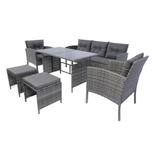 6-Piece Wicker Outdoor Bistro patio combo conversation Set with conversation table gray wicker plus dark gray Cushions