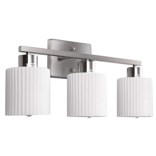 Briignite 21 in. 3-Light Brushed Nickel Vanity Light with White Frosted Glass Cylinder Shades, Dimmable for Bathroom Mirror