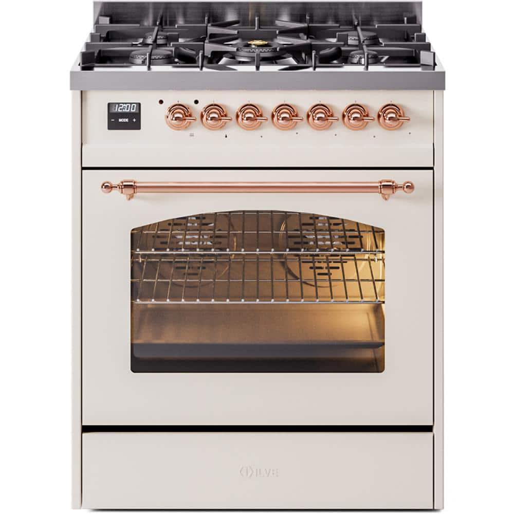 Nostalgie II 30 in. 5-Burner Freestanding Dual Fuel Range in Antique White with Copper Trim -  ILVE, UP30NMPAWP