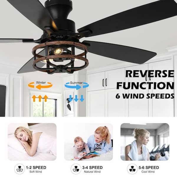 Paine 52 in. Black Farmhouse Industrial Indoor Ceiling Fan with Light, 6-Speed low Profile Ceiling Fan W/Remote