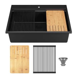 33 in. Single Bowl Granite Composite Drop-in Kitchen Sink in Black with Grid and Strainer