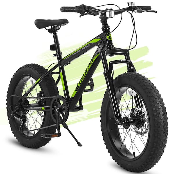 Sudzendf 20 in. Fat Tire Black and Green Mountain Bike Ages 8-12 Year Old, 7-Speed Teenager Kids Bicycles
