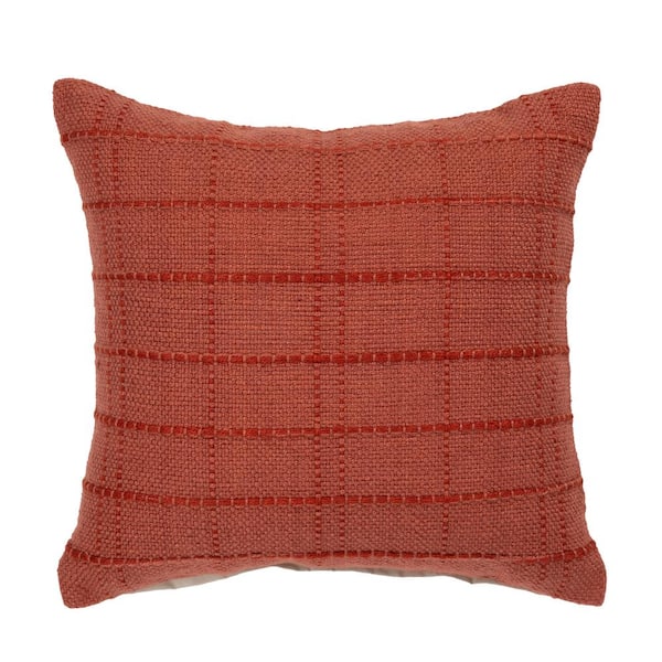 Hampton Bay Woven 20 in. x 20 in. Terracotta Plaid Square Outdoor Throw Pillow
